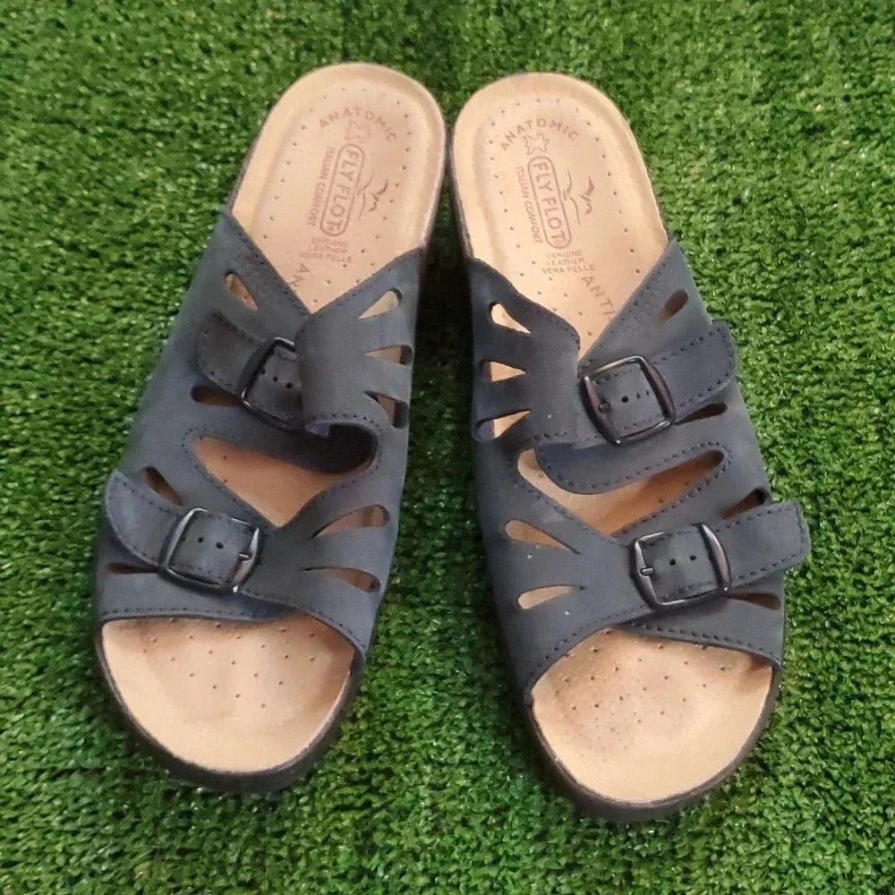 FLY FLOT Genuine Leather Wedge Italian Anti shock Sandals size 42